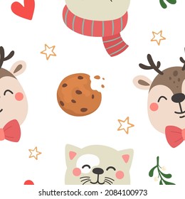 Seamless pattern of cute characters of animals, drawn faces of winter animals, christmas. Vector isolates.