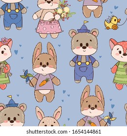 Seamless pattern with cute characters: bear, fox, hare, rabbit or bunny. Texture for boy on blue background. Ornament for a children's book, cover, textile, cotton, fabric, poster, print.