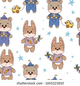 Seamless pattern with cute characters: bear, fox, hare, rabbit or bunny. Texture for children on white background. Ornament for a kid's book, cover, textile, cotton, fabric, poster, print.