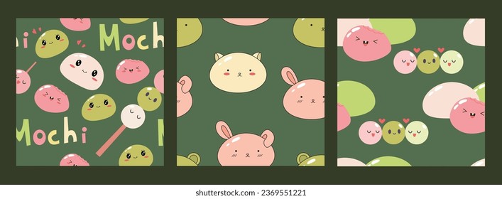 Seamless pattern cute characters dessert mochi. Cartoon clipart for print, textile, wallpaper. Kawaii sweet food. Traditional Japanese soft dessert. Vector flat illustration on an isolated background.