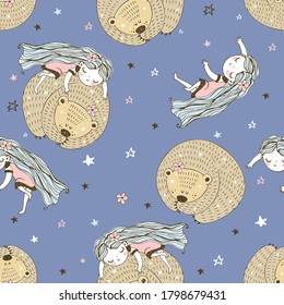 Seamless pattern with cute characters in Doodle style. The girl and the bear are asleep. Vector
