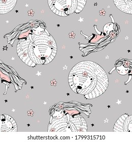 Seamless pattern with cute characters in Doodle style. The girl and the bear are asleep. Vector