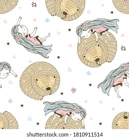 Seamless pattern with cute characters in Doodle style. The girl and the bear are asleep. Vector