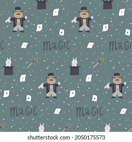 Seamless pattern with cute characters, elements for tricks, hat, hare, magic wand, magic box, dove, cards. Children's illustration, can be used for fabrics, packaging, wallpapers, web page backgrounds