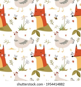 Seamless pattern  with cute characters fox and chicken. Vector illustration.