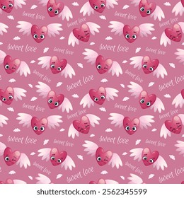 Seamless pattern with cute characters of hearts with wings on a pink background. Ideal for product design, wallpaper, scrapbooking, textiles, wrapping paper. Vector illustration