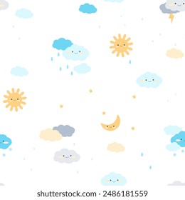 Patrón sin fisuras con personajes lindos. El sol, la luna, las estrellas, las nubes, la nieve y la lluvia de Kawaii caen sobre un fondo blanco. Ilustración vectorial para imprimir papel, tela, textil para niños.