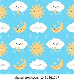 Patrón sin fisuras con personajes lindos. Sol, luna, estrellas, nubes en un fondo azul. Ilustración vectorial para imprimir papel, tela, textil para niños.