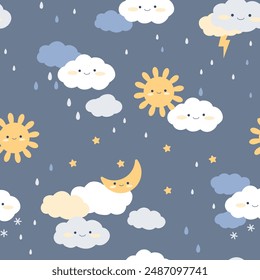 Patrón sin fisuras con personajes lindos. El sol, la luna, las estrellas, las nubes, la nieve y la lluvia de Kawaii caen sobre un fondo oscuro. Ilustración vectorial para imprimir papel, tela, textil para niños.