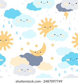 Seamless pattern with cute characters. Kawaii sun, moon, stars, clouds, snow and rain drops on a white background. Vector illustration for printing kids paper, fabric, textile.