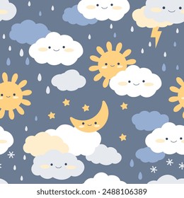 Seamless pattern with cute characters. Kawaii sun, moon, stars, clouds, snow and rain drops on a dark background. Vector illustration for printing kids paper, fabric, textile.
