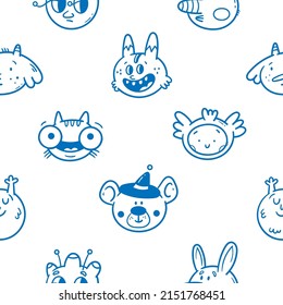 Seamless pattern with cute characters on  white background. Doodle animals print. Cartoon creatures wallpaper.