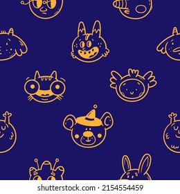 Seamless pattern with cute characters on  purple background. Doodle animals print. Cartoon creatures wallpaper.