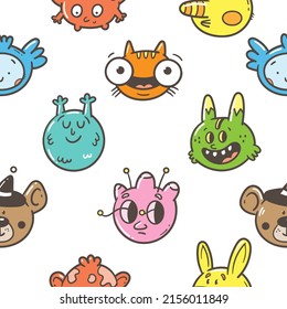 Seamless pattern with cute characters on  white background. Doodle animals print. Cartoon creatures wallpaper.