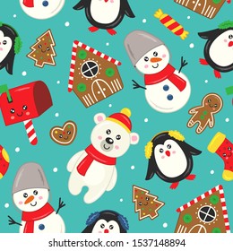 seamless pattern with cute characters and other Christmas elements
  - vector illustration, eps    
