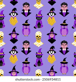 Seamless pattern with cute characters in simple style. Halloween theme. 