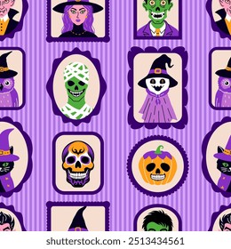 Seamless pattern with cute characters in simple style. Halloween theme. 