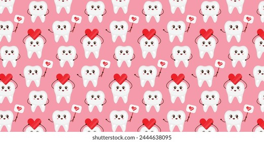 Seamless pattern with cute characters teeth and hearts. Pattern for dentistry. 