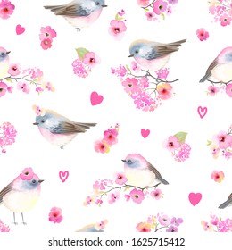 Seamless pattern with cute charming birds, hearts and flowers. Floral spring illustration, vector romantic print in vintage watercolor style. Image for Valentine day. 