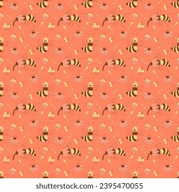 Seamless pattern with cute cheeky bees characters on a pink background. Flat color vector illustration.