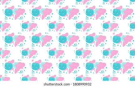 Seamless pattern of cute cheerful blushing fish with, starfishes and bubbles on a white background. Design for baby products, nursery, clothing, fabric, wallpaper in Scandinavian style. Vector.