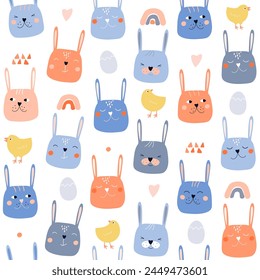 Seamless pattern with cute, cheerful bunnies, chickens, hares, eggs. Spring abstract print. Vector graphics.