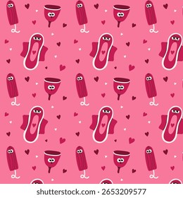 Seamless pattern with cute and cheerful feminine hygiene characters featuring a smiling menstrual cup, sanitary pad, and tampon, each surrounded by hearts. Designed to promote body positivity
