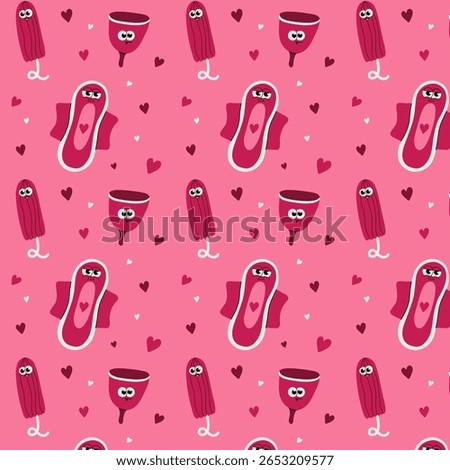 Seamless pattern with cute and cheerful feminine hygiene characters featuring a smiling menstrual cup, sanitary pad, and tampon, each surrounded by hearts. Designed to promote body positivity