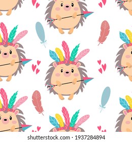 Seamless pattern with a cute cheerful hedgehog - indian, in vector graphics, on a white background. For wallpaper, covers, wrapping paper, childrens clothing, t-shirts