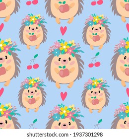 Seamless pattern with a cute cheerful hedgehog in a wreath, in vector graphics, on a blue background. For wallpaper, covers, wrapping paper, childrens clothing, t-shirts