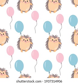 Seamless pattern with a cute cheerful hedgehog with blue and pink ballons, in vector graphics, on a white background. For wallpaper, covers, wrapping paper, childrens clothing, t-shirts