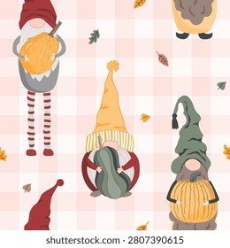 Patrón sin fisuras con lindos gnomos escandinavos alegres con calabazas. Fondo de Vector de guingham de acción de gracias