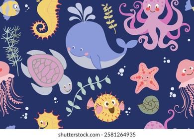 Seamless pattern with cute and cheerful sea creatures. Cartoon style. Underwater world. Vector