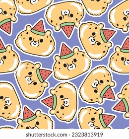 Seamless pattern of cute cheetah tiger face with watermelon sticker background.Wild animal character cartoon design.Baby clothing.Kawaii.Vector.Ilustration.