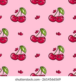Seamless pattern with cute cherries characters. Vector design for print, fabric, wallpaper or wrapping paper.