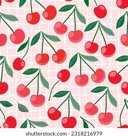 Seamless pattern with cute cherries, decorative summer wallpaper, ornamental modern fresh fruits background