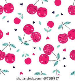 Seamless pattern with cute cherries. Vector illustration for scrapbook paper, wrapping paper, bedding pattern