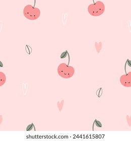 Seamless pattern with cute cherry fruits on pink background. Vector illustration for printing. Cute children's background.