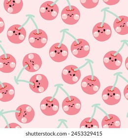 Seamless pattern of cute cherry smile face background.Catoon character design.Pastel fruit.Wallpaper.Banner.Paper gift.Kid graphic.Kawaii.Vector.Illustration.