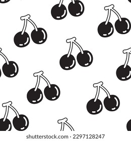 Seamless pattern of cute cherry in white and black color background.Minimal style.Fruit hand drawn.Kawaii.Vector.Illustration.