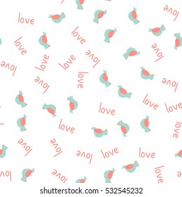 Seamless pattern with cute and chic birds and hand drawn brush lettering quotes and words for lovers and Valentines day design