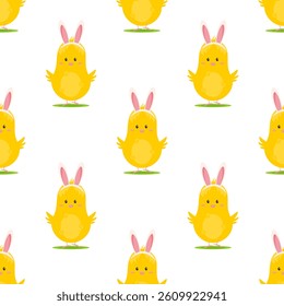 Seamless pattern with cute chick with bunny ears. Flat Easter vector illustration on white background.