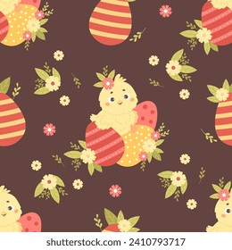 Seamless pattern cute chick with Easter egg on brown background with flowers. Vector illustration for paschal design, wallpaper, packaging, textile. Kids collection.