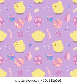 Seamless pattern with cute chick, Easter eggs and flora. Purple background. Perfect for greeting card design, fabric print, baby shower, wrapping paper design, home textiles and cover design.