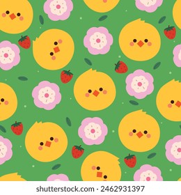 seamless pattern cute chick with flower and strawberry. cute animal wallpaper for textile, gift wrap paper