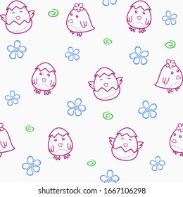 Seamless pattern with cute chick hatching from an egg. Vector childish background for printing on packaging, fabric, textile, wallpaper, prints, clothes, wrapping paper. Decorative elements for Easter
