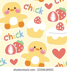 Seamless pattern of cute chick sit with strawberry cake on pastel background.Farm animal character design.Baby clothing.Kawaii.Vector.Illustration.