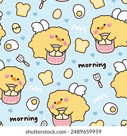 Seamless pattern of cute chicken angels flying hold eggs basket with bread and heart background.Fried egg.Farm bird animal character cartoon design.Image for card,poster,sticker.Baby product.Kawaii.