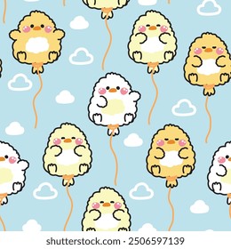 Patrón sin fisuras del globo lindo del pollo con el fondo del cielo de la nube.Bubble.Hen.Farm diseño de dibujos animados de carácter animal.Imagen para la tarjeta, cartel, ropa del bebé.Kawaii.Vector.Illustration.