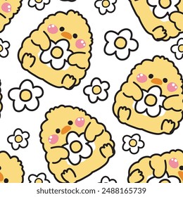 Seamless pattern of cute chicken doll hold flower background.Nature.Floral.Farm bird animal character cartoon design.Image for card,sticker,baby clothing.Kawaii.Vector.Illustration.